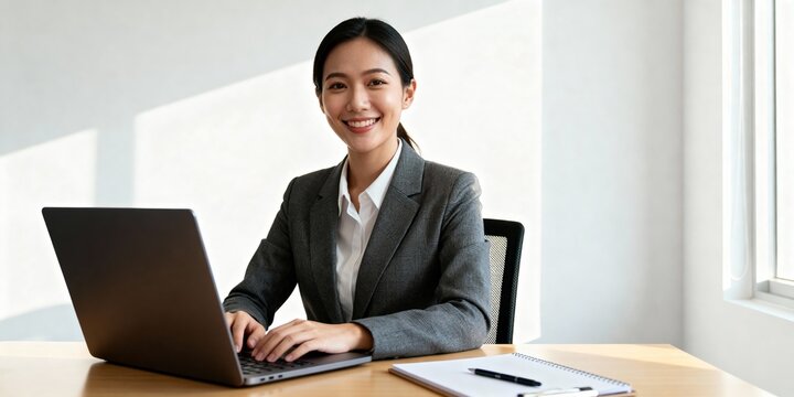 Smiling businesswoman working on laptop in bright minimalist office
 - Powered by Adobe