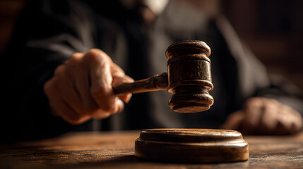 Ultra HD Close up of a judge holding a gavel above striking block in a courtroom image