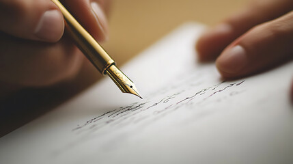 Writing with a golden fountain pen on white paper. Elegant script and a luxurious feel for journaling or artistic expression. Writing a handwritten letter.