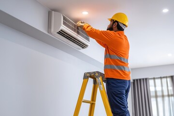 Technician in Hard Hat Installing an Air Conditioner