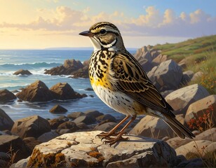 A Beautiful Bird Perched on a Rock Overlooking the Ocean at Sunset