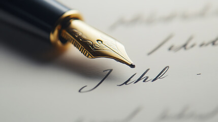 Fototapeta premium Gold-nibbed pen writes on paper. Elegant calligraphy. Black ink flows smoothly on white. Writing a letter, taking notes, signing a document.
