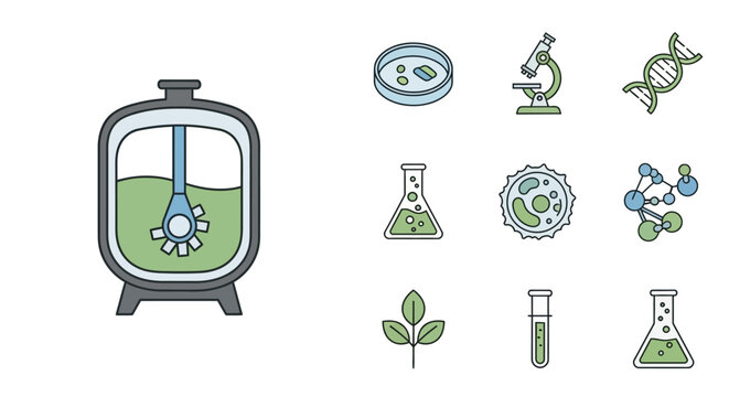 Science and Biotechnology Icons - Fermenter, Petri Dish, Microscope, DNA, Flasks, Cells, Molecules, Leaves, Test Tube.