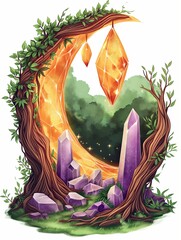 Natural crystals shine in the forest in the moonlight.