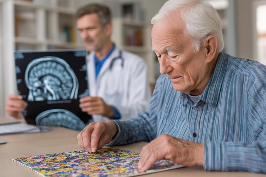 Senior Man with Alzheimer's Doing a Puzzle with His Doctor