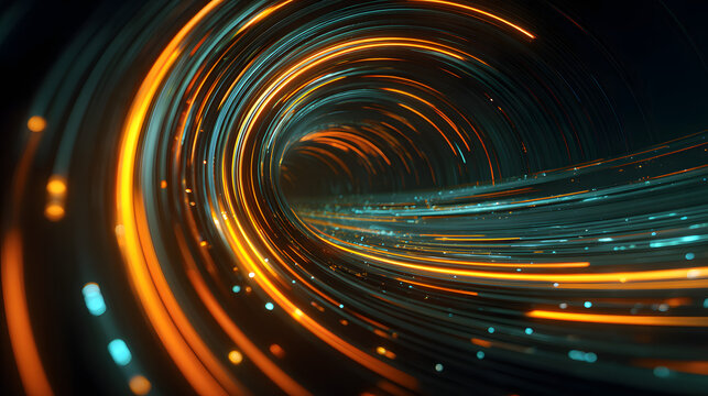 Ultra HD Abstract data stream tunnel with glowing neon lines and particles background image - Powered by Adobe