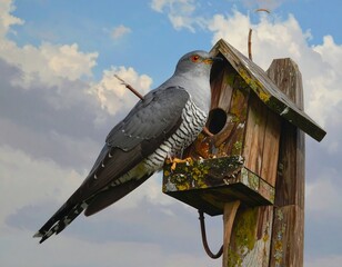 A Beautiful Bird Perched on a Wooden Birdhouse, Cloudy Sky Background
