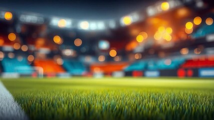 Stadium: A close-up shot capturing the lush, vibrant green of a football field, with the blurred backdrop of an illuminated stadium. Perfect for conveying the anticipation of an event.