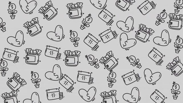 Seamless money pattern of wallets, calendars, hearts, and money plants. Perfect for finance themed designs, backgrounds, textiles, and decorations. 