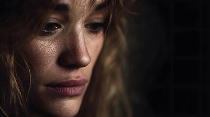 Fototapeta premium A close up portrait of a woman s face her expression conveying deep sadness vulnerability and emotional distress under dramatic moody shadow lighting