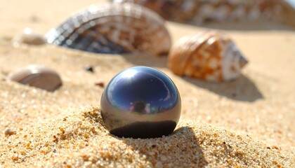 A Beautiful Black Pearl Resting on Sandy Beach with Shells in Sunlight