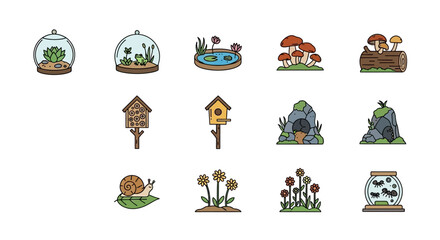 Fototapeta premium Set of Hand Drawn Nature Icons with Terrariums and Wildlife.
