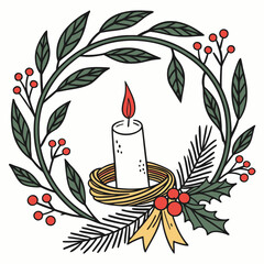 Christmas wreath with burning candle and red berries