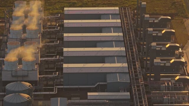 Sunset over Google server farm, aerial technology infrastructure