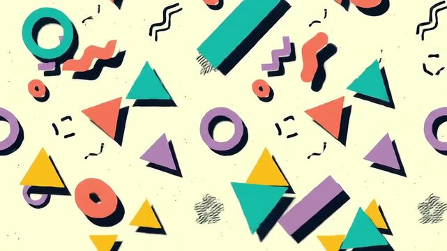colorful retro geometric pattern with abstract memphis design shapes and playful shadows on a light background for 80s 90s aesthetic.