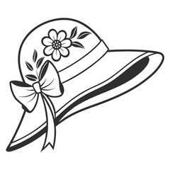 Black and white vector illustration of a wide-brimmed hat with flower and bow