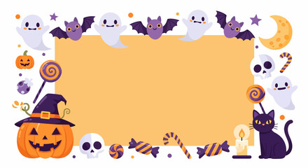 Whimsical Halloween Border with Pumpkin, Ghosts, Bats, and Candy for Spooky Season Decorations and Crafts