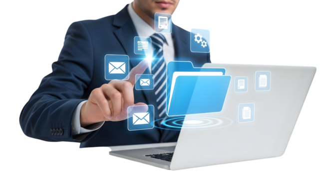 Businessman presenting with laptop and tablet — professional corporate stock photo