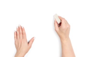 Top view of a woman's hands on transparent background, one holding a eraser. Creative concept. Hand close-up, ready to correct or draw.