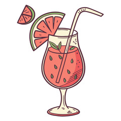 Pink cocktail with watermelon slice and straw drink