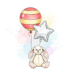 Sweet hand-drawn plush bunny illustration with colorful striped and star balloons, soft watercolor background. Ideal for charming children's birthday and baby shower designs