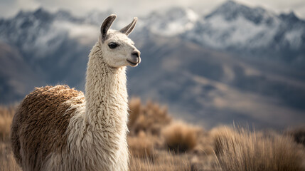 Ultra HD Llama standing in a field with mountains in the background on a cloudy day image