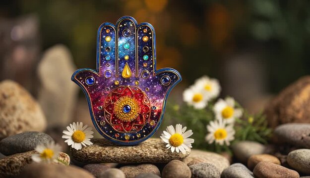Colorful hamsa symbol decoration made of glass. Red, yellow, blue, purple colors. Decorative vivid 3D hand with space galaxy inside stands on ground between stones and daisy flowers.