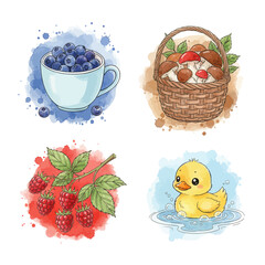 Charming watercolor bundle fresh blueberries, wild mushrooms, ripe raspberries, and a cute duckling, all with artistic splatters, perfect for natural and whimsical designs