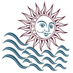 Sun face over stylized blue ocean waves vector
