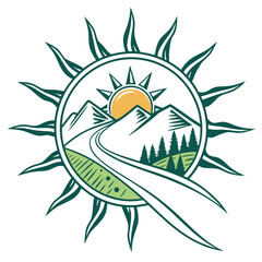 Sun mountain road and trees emblem nature