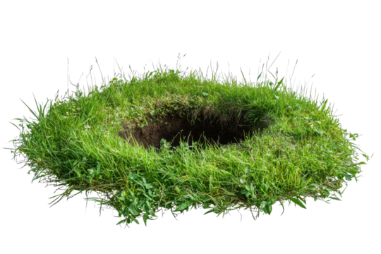 Natural grass-covered circular depression in the ground filled with vegetation located in a sunny field