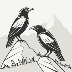 Two black birds perched on rocks with mountain background