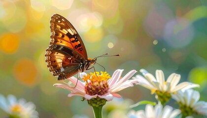 A Beautiful Butterfly Perched Gracefully on a Colorful Flower in Sunlight