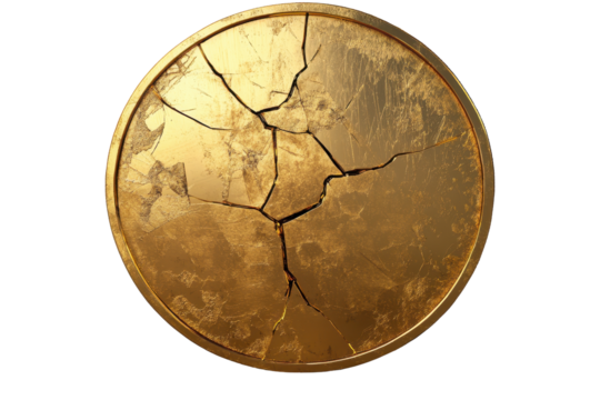 Cracked gold coin representing the volatility and challenges of cryptocurrency markets in a digital age