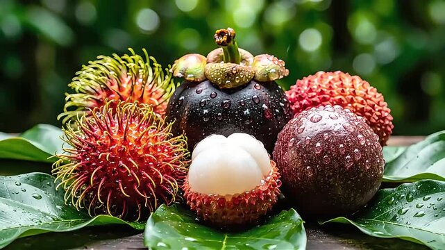 fresh tropical rambutan mangosteen lychee fruits dewy on green leaves embodying healthy nutrition and natural appeal.