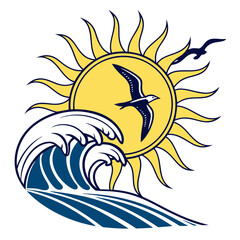Yellow sun with bird and blue wave graphic seagull