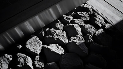 Monochromatic rocks with strong shadows, creating texture and depth. Geometric patterns and contrast highlight the rough surfaces.