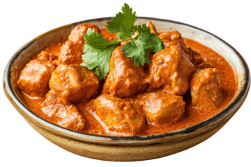Savory butter chicken chunks served in a rich curry sauce with fresh cilantro garnish, perfect for a hearty meal