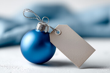 A blue Christmas ornament with a hanging tag, tied by twine, set against a soft, frosty background.