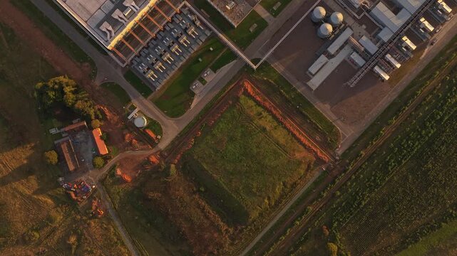 High-tech Google server facility at sunset, drone perspective