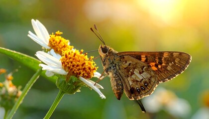 A beautiful butterfly resting on a flower in the golden sunlight