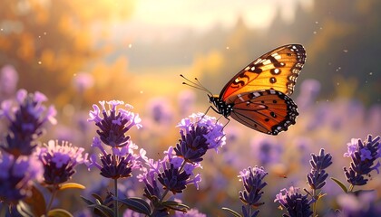 A Beautiful Butterfly Perched on Lavender Flowers in a Serene Meadow