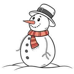 Cartoon snowman with orange carrot nose and striped scarf