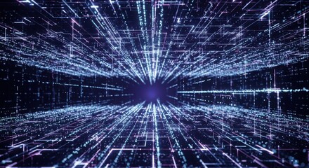 Abstract digital data stream tunnel with glowing blue lines and particles