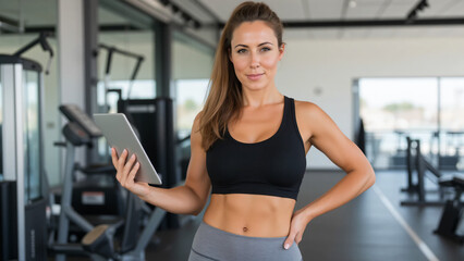 Fototapeta premium Fit Woman with Tablet in Gym – Modern Fitness Training and Healthy Lifestyle Concept
