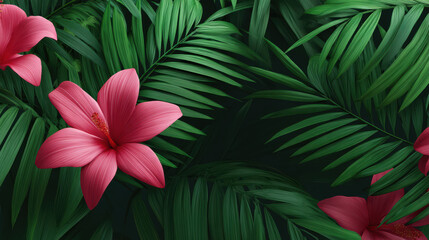 Fototapeta premium Lush tropical leaves surround vibrant pink hibiscus flowers, creating a captivating nature scene evocative of exotic paradise and verdant beauty in dark background.