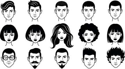 Stylized face icon set with diverse hairstyles and expressions, black-and-white vector design for character development, fashion, and illustration themes