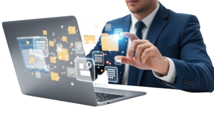 Businessman presenting with laptop and tablet — professional corporate stock photo

