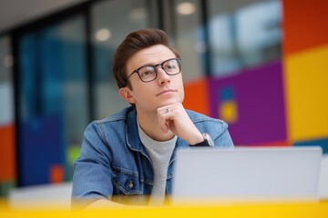 Pensive Young Man with Glasses Thinking at His Desk with a Laptop