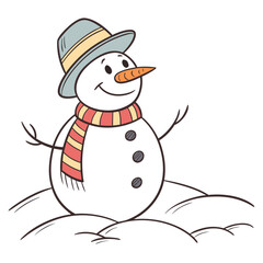 Smiling snowman with hat and striped scarf in snow